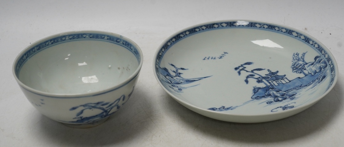 A large Chinese Nanking cargo blue and white tea bowl and saucer, saucer 17.5cm. Condition - good